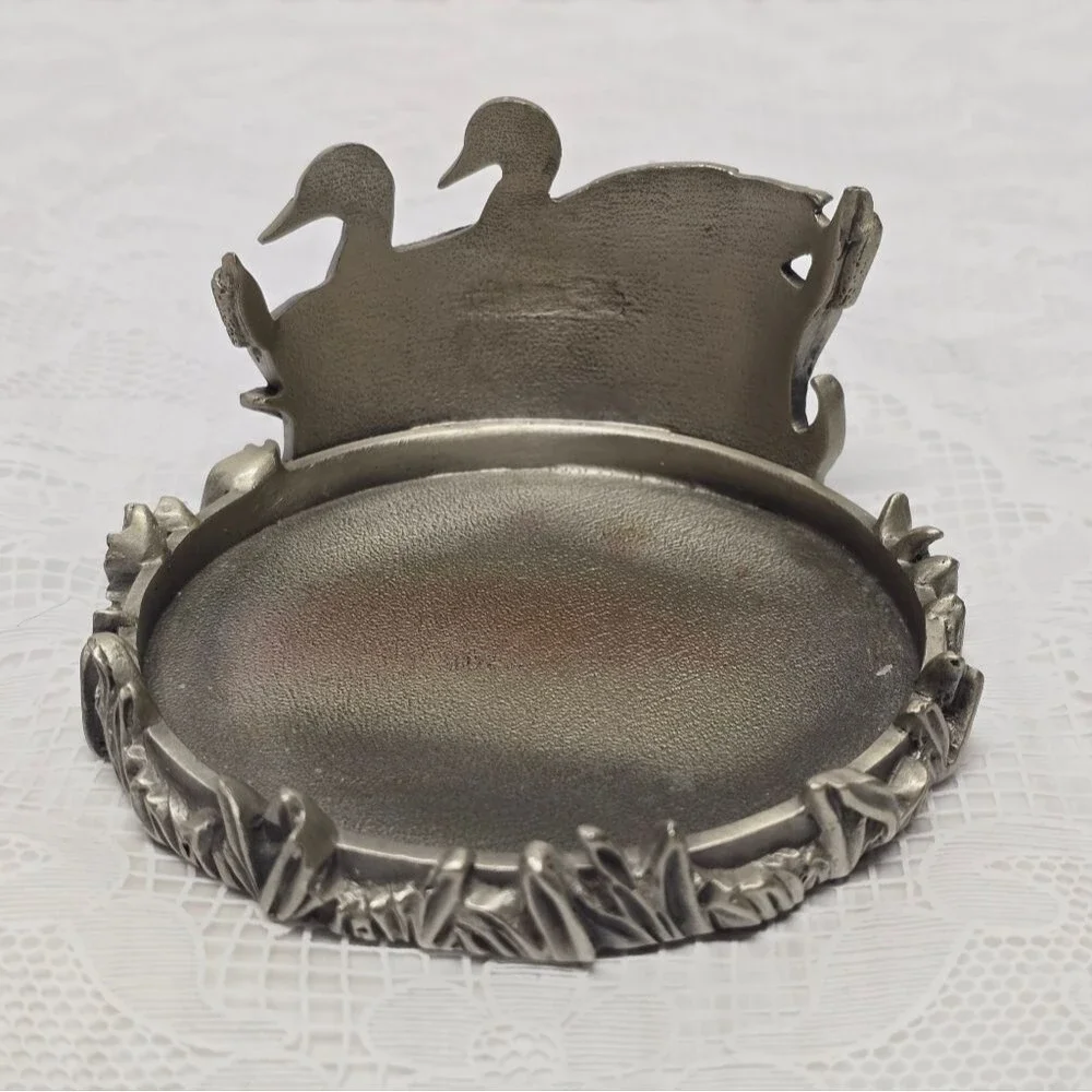 Vintage 70s Ducks In Reeds Pewter Pillar Candle Holder Cabin Country Cottage